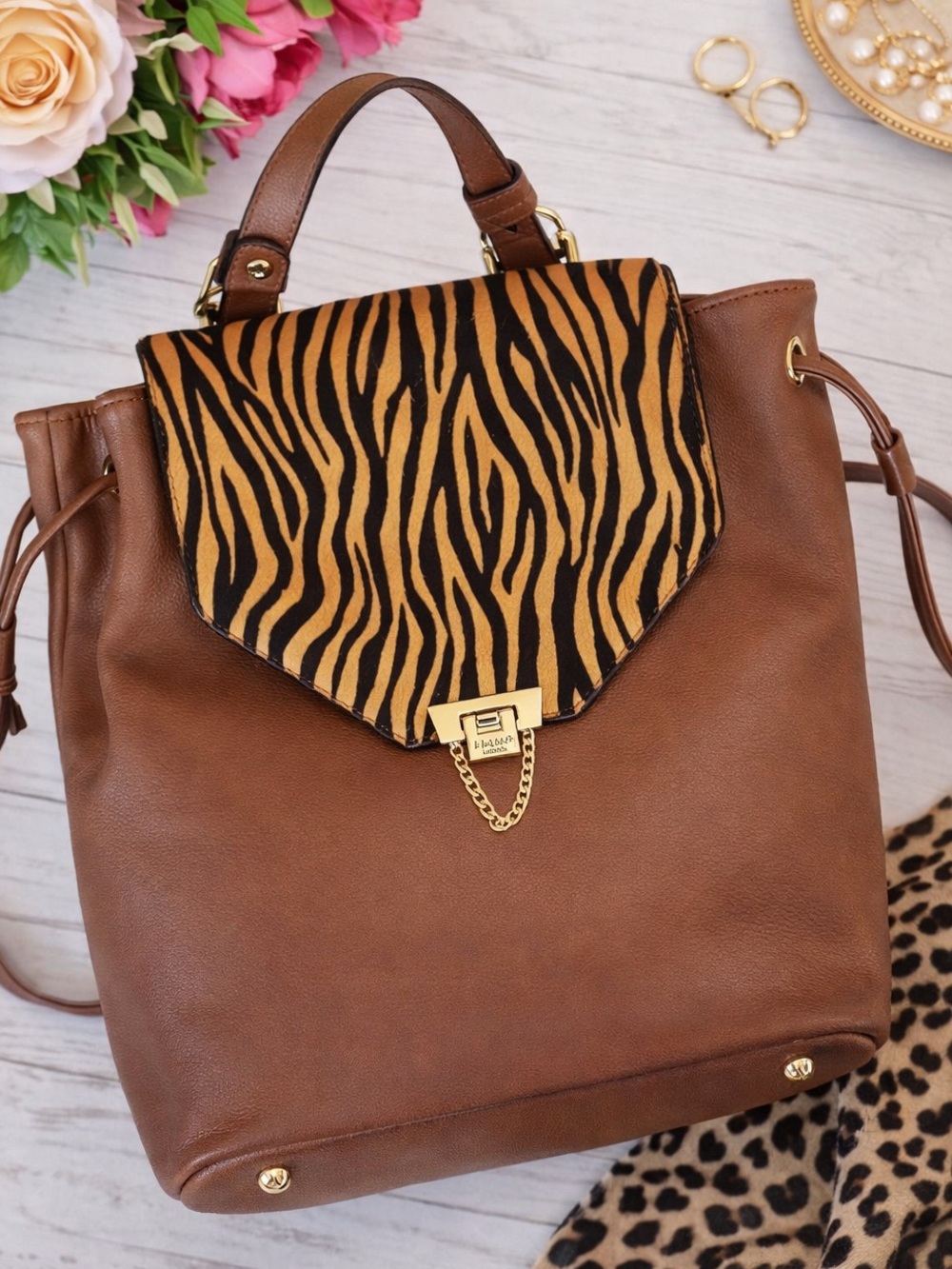 Dune London Backpack with Calf Hair Tiger‑Print Flap Chic Gold‑Tone Hardware NWT